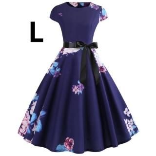 新品☆腰リボン付き♪花柄ふんわりワンピース パープル L