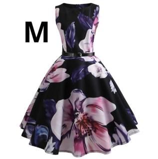 新品☆ベルト付き♪花柄♪ふんわり綺麗ワンピース ブラック M