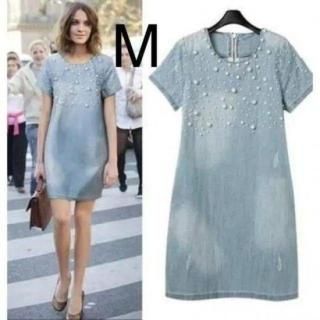 訳あり☆胸元パール♪柔らかデニム綺麗ワンピース M