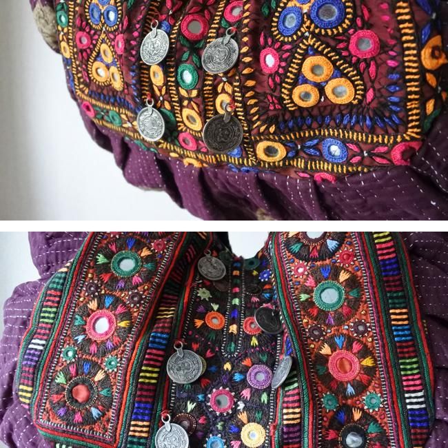 ラリーキルトと民族刺繍のかぼちゃバッグ カッチ 刺繍 ワイン ボーホー インド雑貨 Khushboo クシュブー