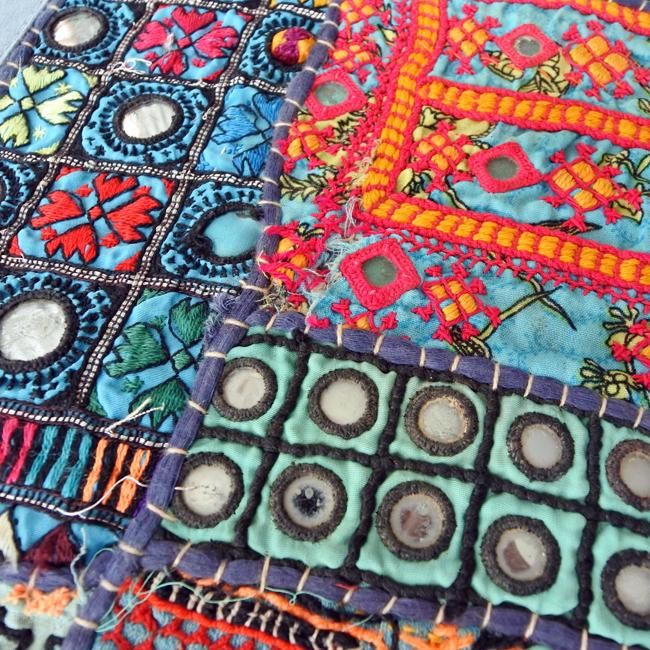 ヴィンテージ 刺繍 ミラーワーク タペストリー ブルーグレー- ボーホー