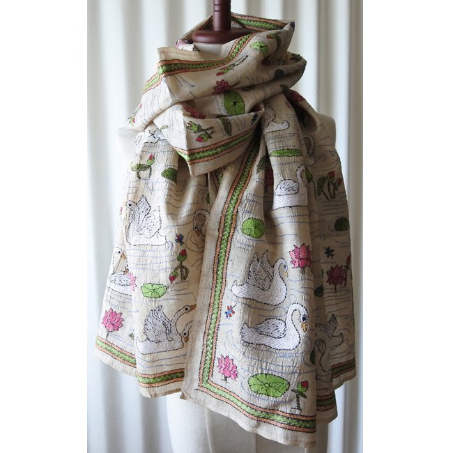 カンタ刺繍 　大判ショール　バルバトカンタ　キナリ×ホワイト 楽天市場】カンタ刺繍 シルクストール 216×85cm幅広 リサイクル
