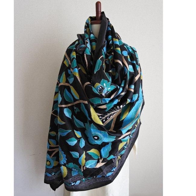 カンタ刺繍 大判ショール フラワーリングツリー パープル | 高級