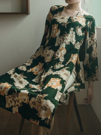 70s Stripe＆Flower Printed Dress