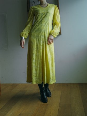 70s Brilliant Yellow Lace Long Dress