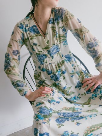 70s Rose Print Sheer Sleeve Dress