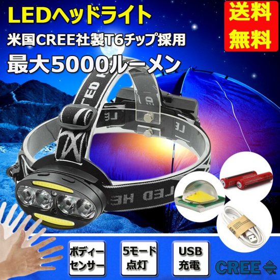 LED ヘッドライト 充電式 電池付属 ヘッドランプ センサー機能付 5000