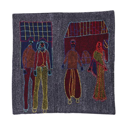 Archana Kumari 手刺繍クッションカバー（都会の生活・村の生活/マルチカラー/黒系）