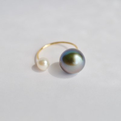 パールリング 南洋黒蝶&アコヤパール Double Pearl ring  Black Pearl&Akoya