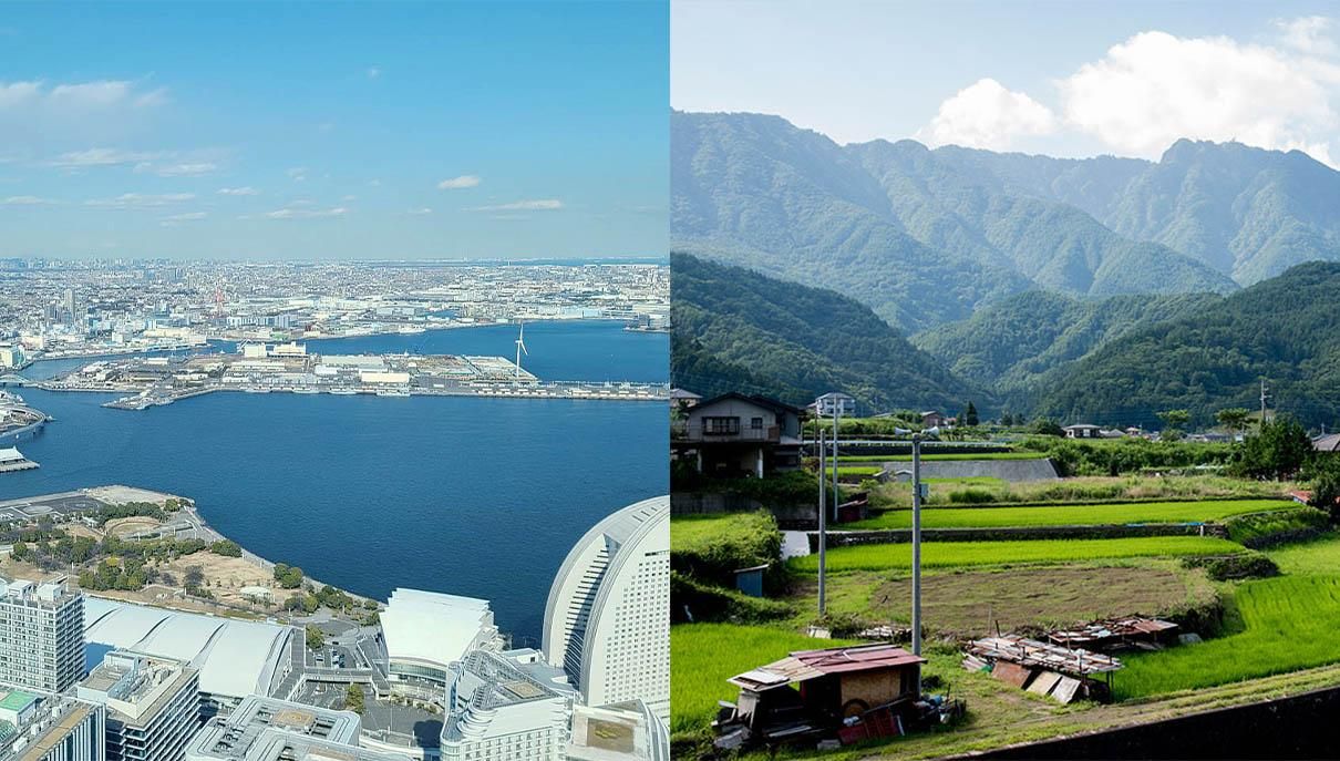 右に山梨県、左に横浜みなとみらいが映っている写真です。