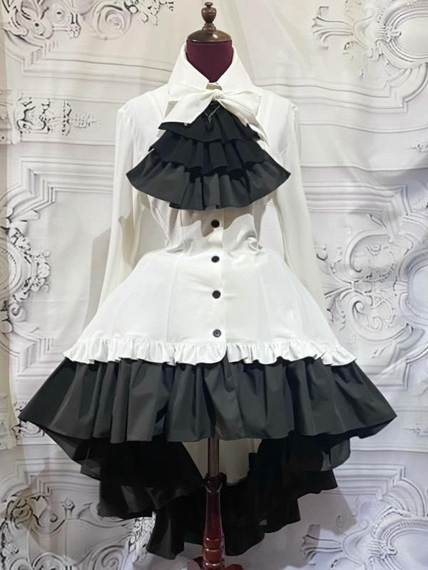 ゴシック調ダイヤカットタイ付きブラウス型ワンピース：オフ白