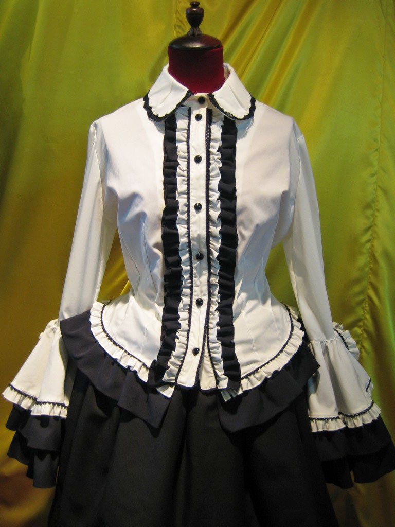 デコラティブネクタイ付き配色切り替え姫袖ブラウス：白×白地黒