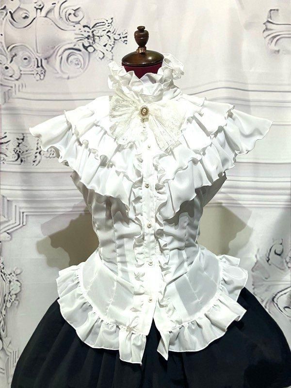 クラシカルカメオタイ付きティアードフリルブラウス：白