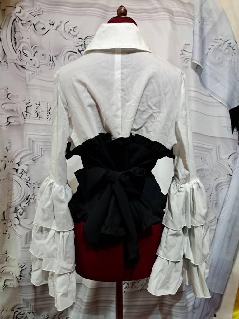 レースネクタイ付コルセット風姫袖ブラウス：白×黒 - MARBLE