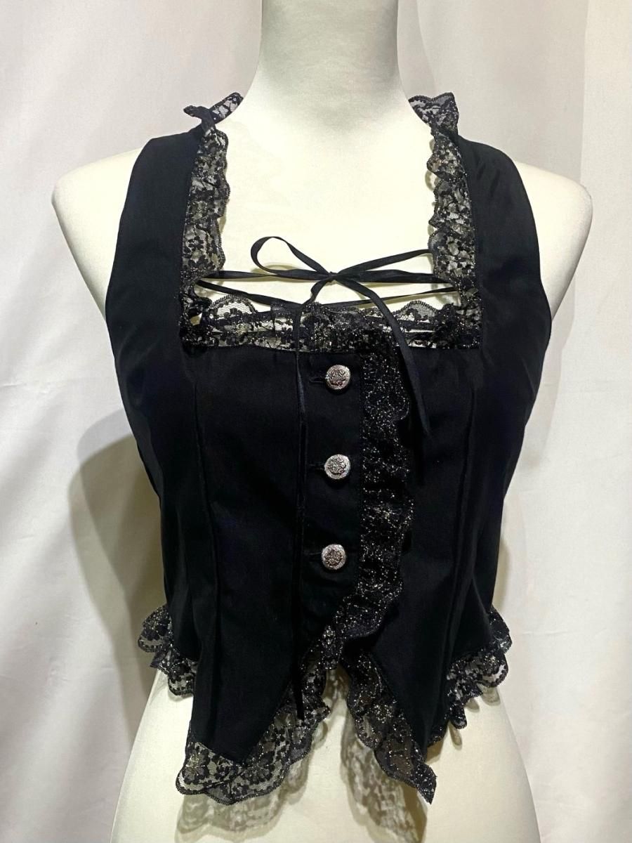 ◇受注商品◇胸元編み上げコルセット風ベスト：黒×ゴールドラメ入り黒