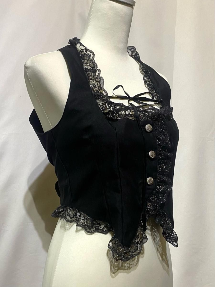 ◇受注商品◇胸元編み上げコルセット風ベスト：黒×ゴールドラメ入り黒