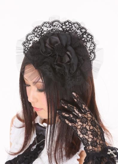 ◇受注商品◇ゴシック調ヘッドドレスボンネット：黒×黒レース