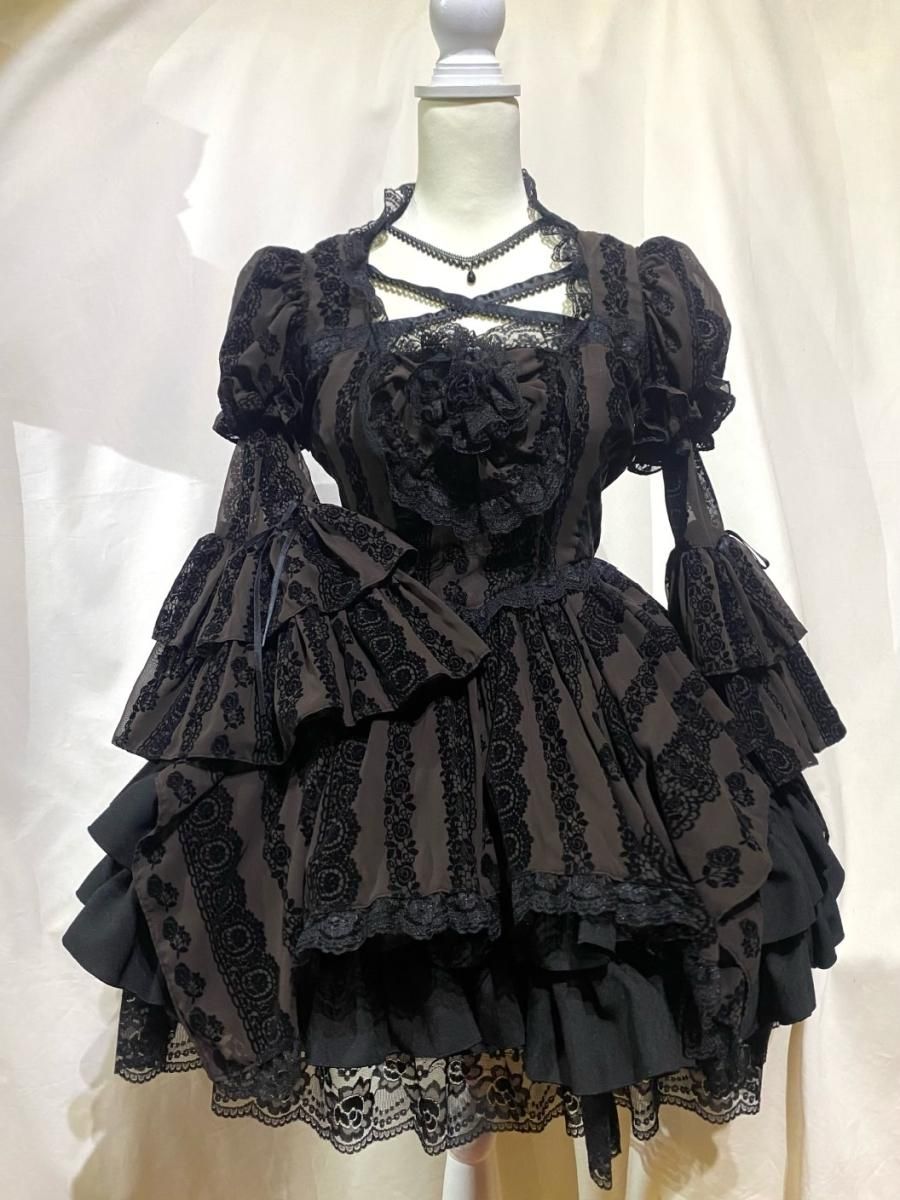 あみあげアンティークワンピース 姫袖 パニエ入りフリルスカート ブラウン黒フロッキー柄 黒 Marble Online Shop