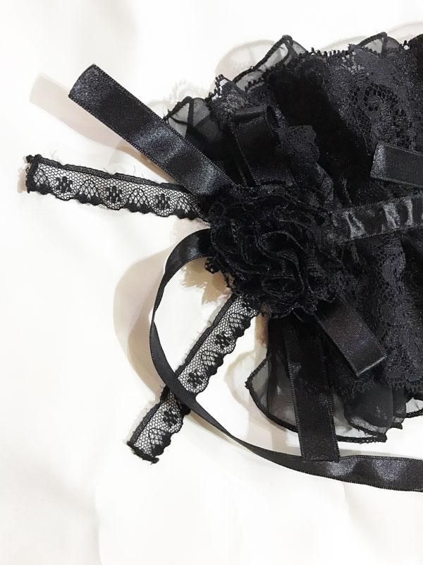 レースベール付きパール飾りバラヘッドドレスス：黒ｼﾌｫﾝ×黒ﾚｰｽ
