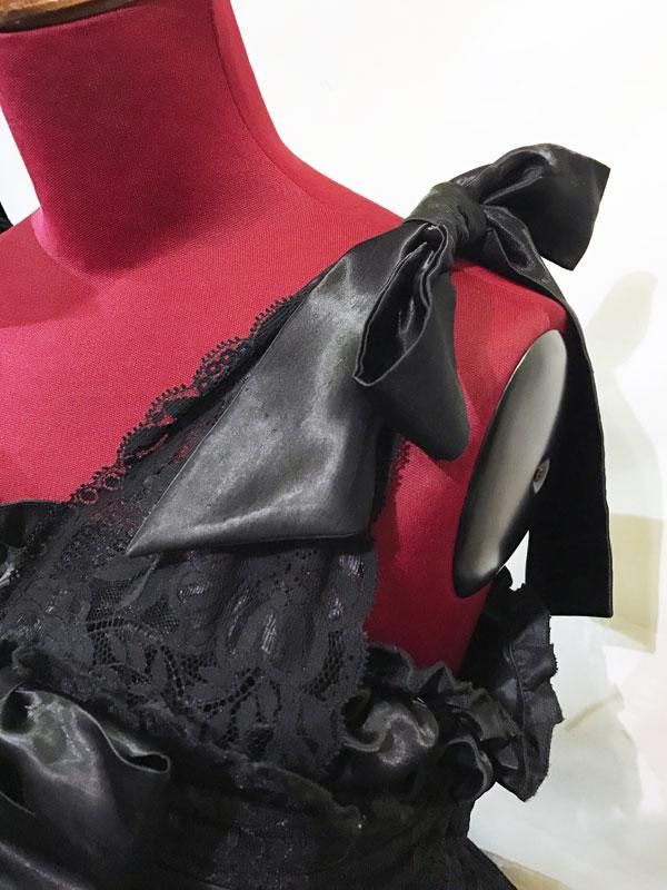 ◆受注商品◆バラアクセサリー付きギャザーリボンドレス+パニエ：黒花柄レースワンピース×黒パ二エ - MARBLE ~online shop~