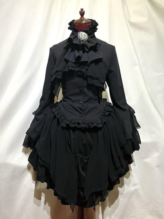 貴族風アンティークタイ付きドレープジャケット アシンメトリー前ロングスカート 黒 黒 黒スカート Marble Online Shop