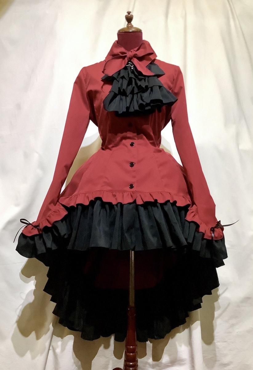 ゴシック調ダイヤカットタイ付きブラウス型ワンピース：赤