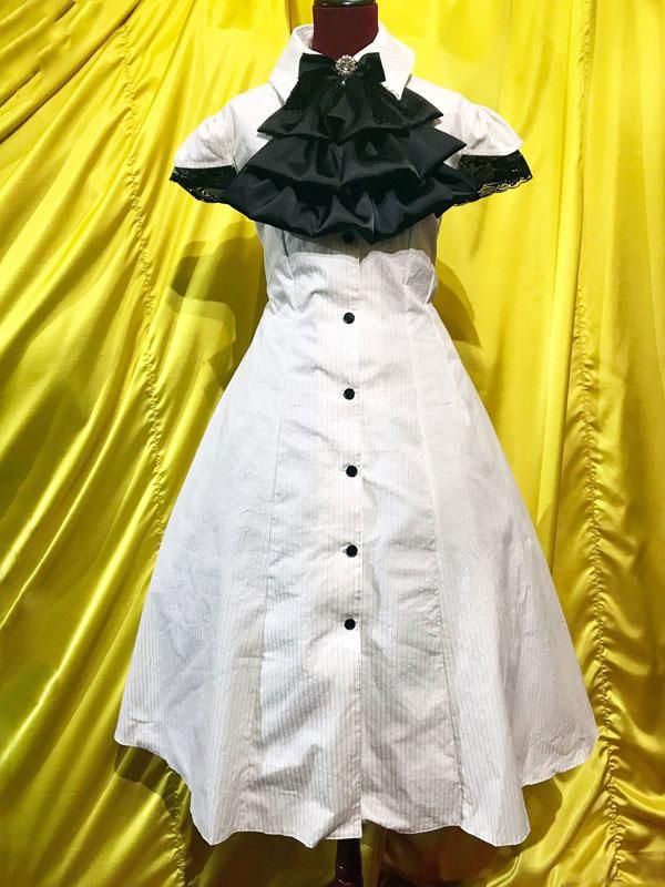 フリルタイ付き ゴシック調ロングワンピース オフ白ストライプ Marble Online Shop