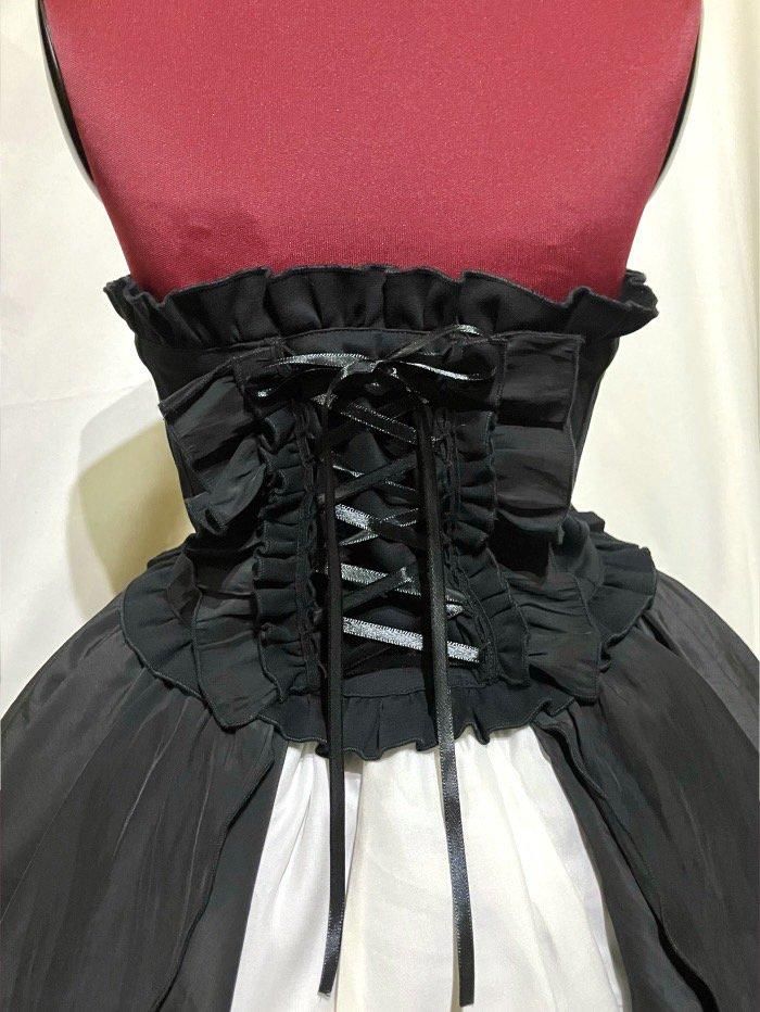 コルセット付きサイドフレアーロングスカート：黒×黒Lサイズ