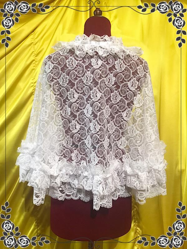 ボリュームレースフリル夏ケープ：白レース地×白レース×白リボン