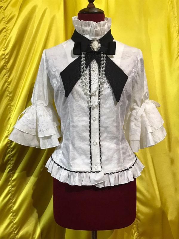 カメオタイ付き後ろ編み上げブラウス 姫袖 marble カメオタイ付き後編み上げブラウス：黒×白フリル - MARBLE