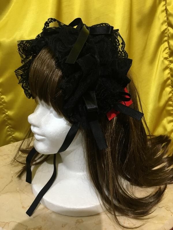 ◇受注商品◇バラ付き総レースボリュームフリルヘッドドレス：黒