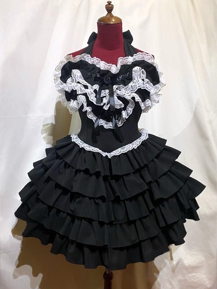 ◇受注商品◇サテンバラ付きレース飾りティアードサンドレス:黒×白