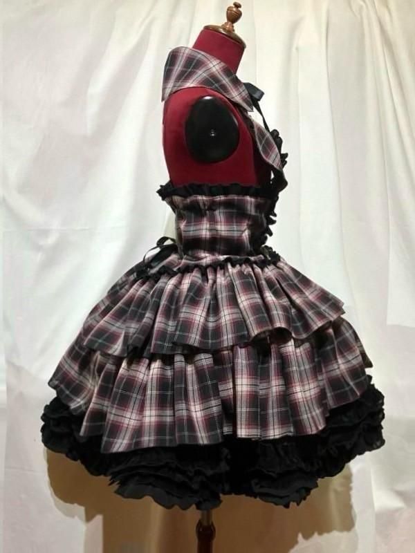 タグ付✨️avenchumu ストライプラッフルフリルコルセットバルーンワンピース ◇受注商品◇ラウンド衿付きコルセット型ワンピース：赤黒チェック×黒