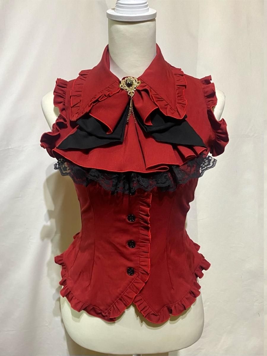 ◇受注商品◇ブローチコサージュ+フリルタイ付きブラウス：赤×黒