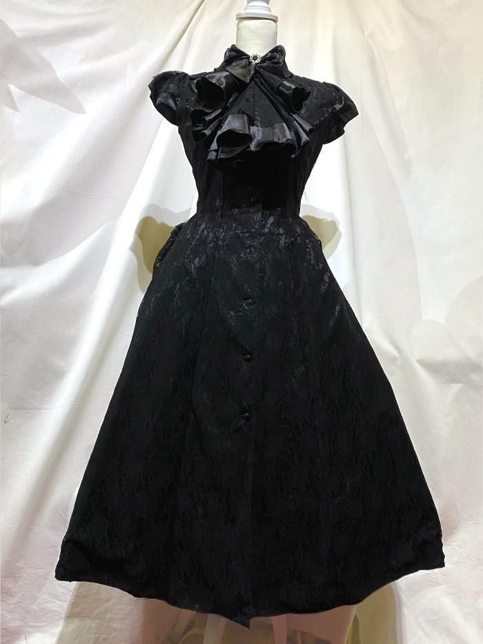 黒いドレープデザインワンピース ERUKEI エルケイ】ドット/ 膝丈/ ワンピース/マキシ/フリル