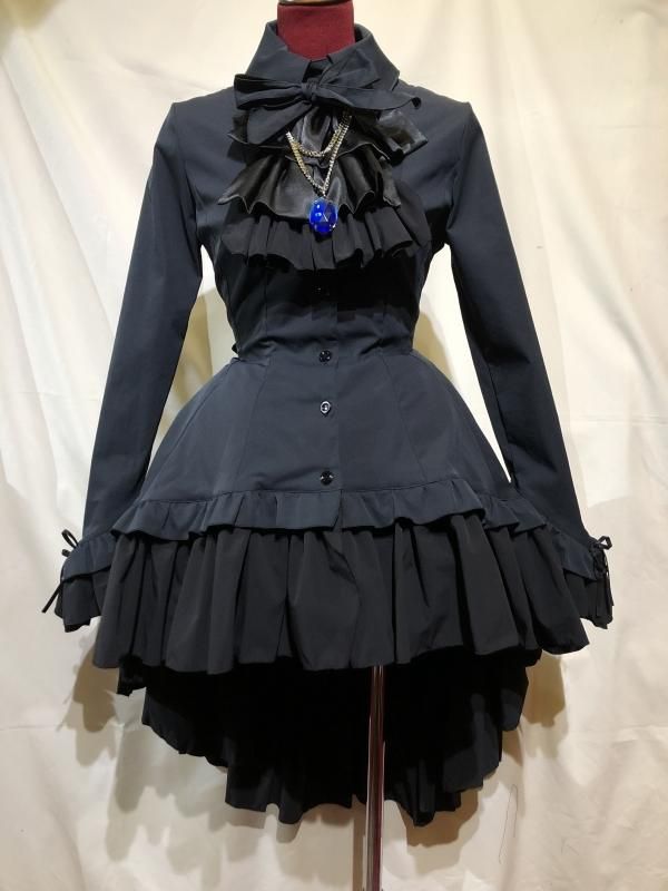 MARBLE ゴシック調ダイヤカットタイ付きブラウス型ワンピース：濃紺×青楕円石 ゴシック調ダイヤカットタイ付きブラウス型ワンピース：濃紺×青楕円石