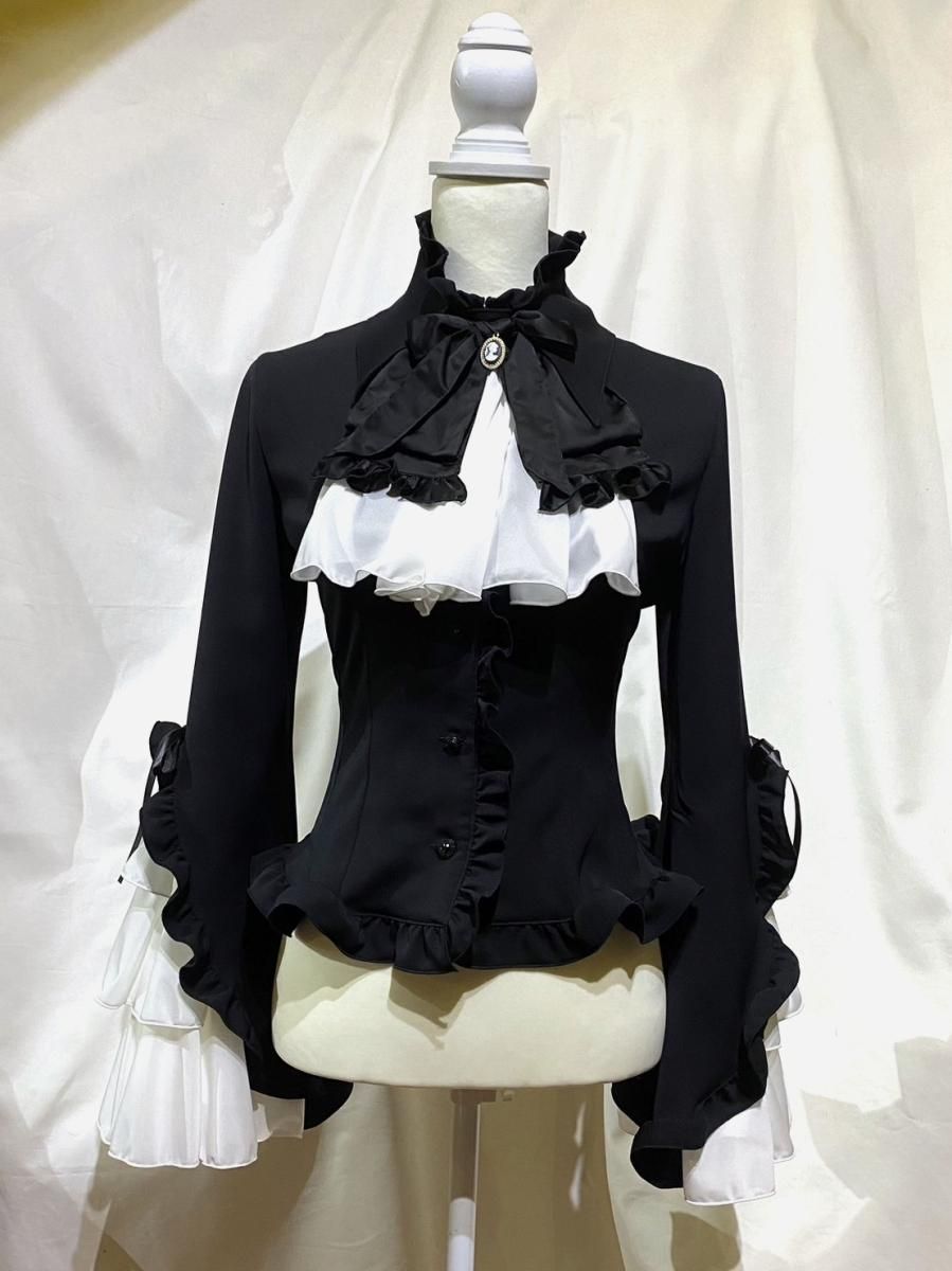 カメオタイ付き後編み上げブラウス:黒×白フリル-メンズLL カメオタイ付き後編み上げブラウス:黒×白フリル-メンズLL
