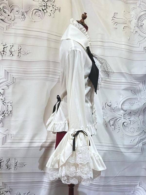 別タイ付きクラシカルデコレーションブラウス：白×黒×白ﾚｰｽ - MARBLE