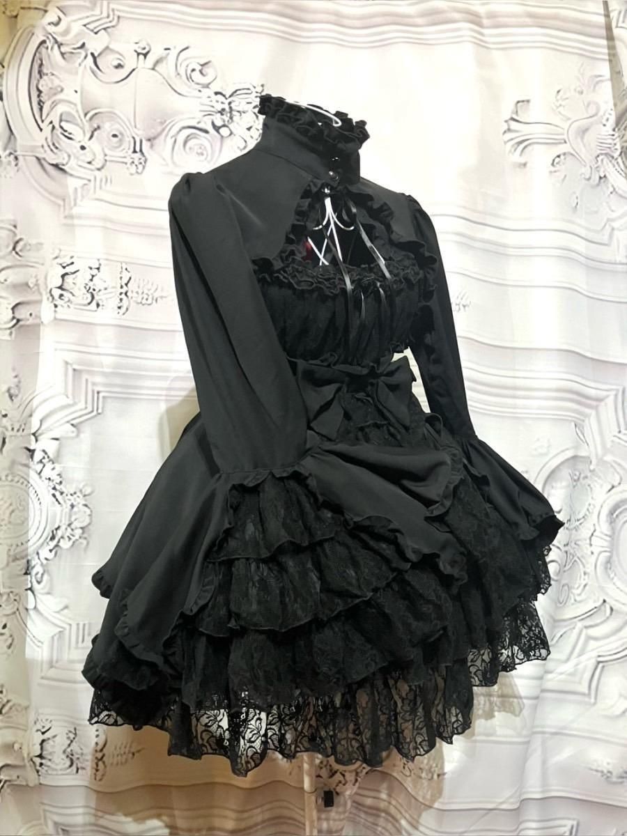 受注商品 姫袖ボレロ付き配色切り替えデコラティブワンピース 黒レースワンピース 黒レースボレロ Marble Online Shop
