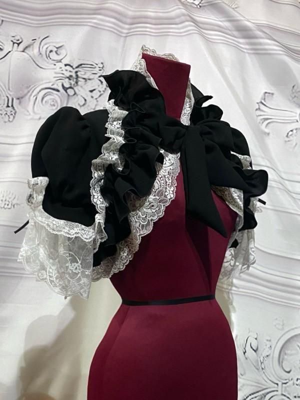 MARBLE エレガンスパフ袖ボレロ：黒×白レース ゴスロリ ◇LL～3Lサイズ◇パフスリーブショートボレロ：黒×白レース