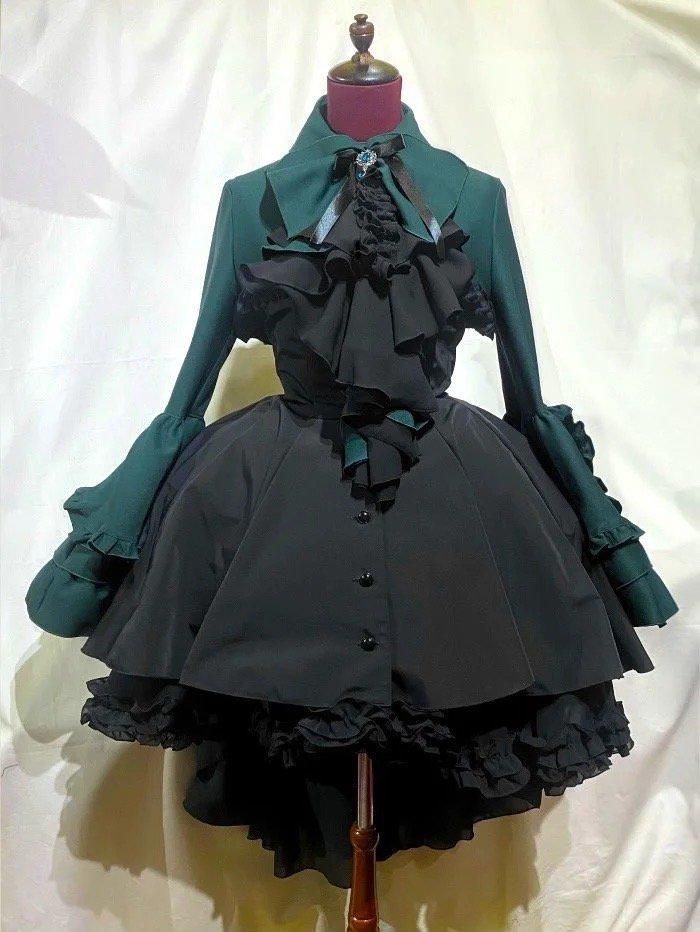 ドレープタイ付きゴシックエレガンスブラウスワンピース：グリーン×黒