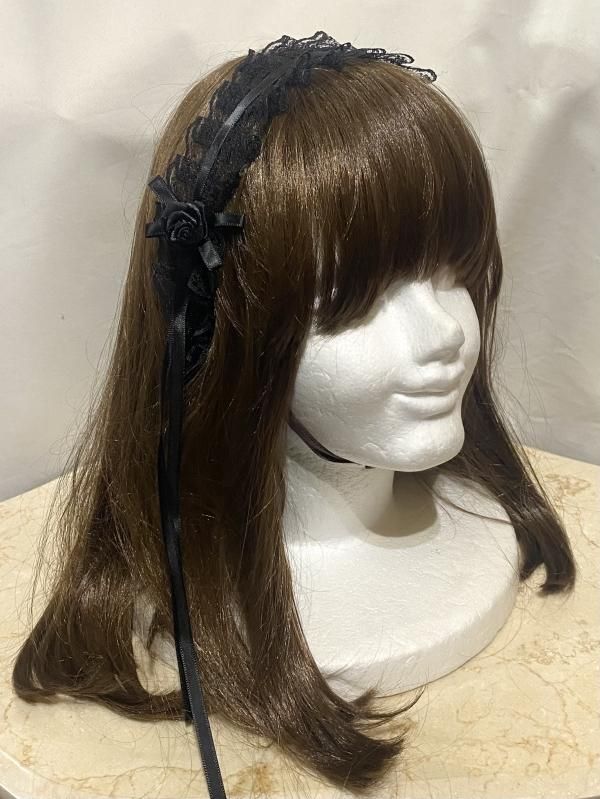 バラ付きレース飾りカチューシャ:黒×黒レース - MARBLE ~online shop~
