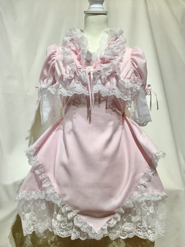 切り替え総フリルワンピース+パニエ入りボリュームレース付きスカート:ピンク×白レース - MARBLE ~online shop~