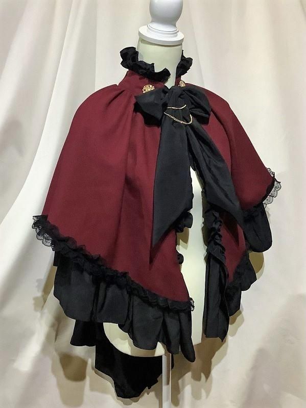 ◇受注商品◇チェーン飾り付き貴族風後長マント：えんじ×黒フリル