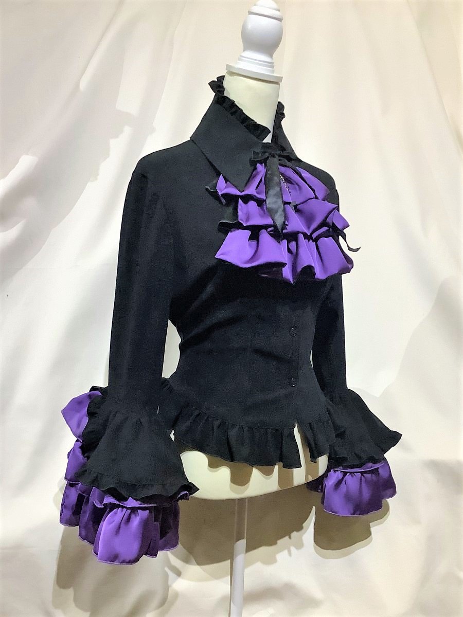 ◆受注商品◆リバーシブルタイ付き姫袖ブラウス：黒紫 Lサイズ - MARBLE ~online shop~