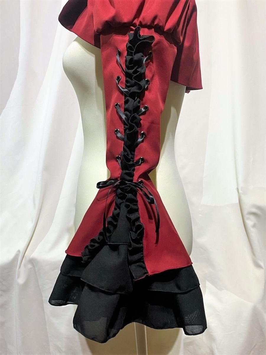 編み上げボリュームフリルショートジャケット:赤×黒フリル 編み上げボリュームフリルショートジャケット:赤×黒フリル