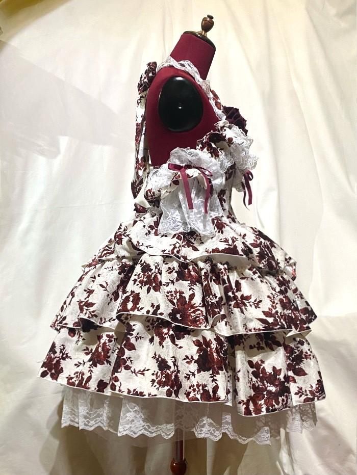◇受注商品◇総フリルロマンティックサンドレス:白柄えんじバラ ◇受注商品◇総フリルロマンティックサンドレス:白柄えんじバラ