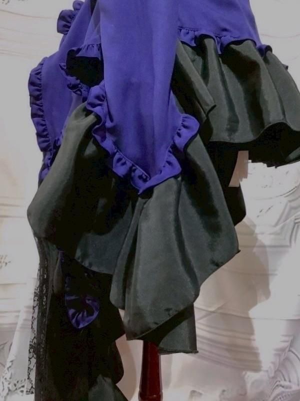 タイ付きドレープ飾りゴシックエレガンスブラウスワンピース：青×黒