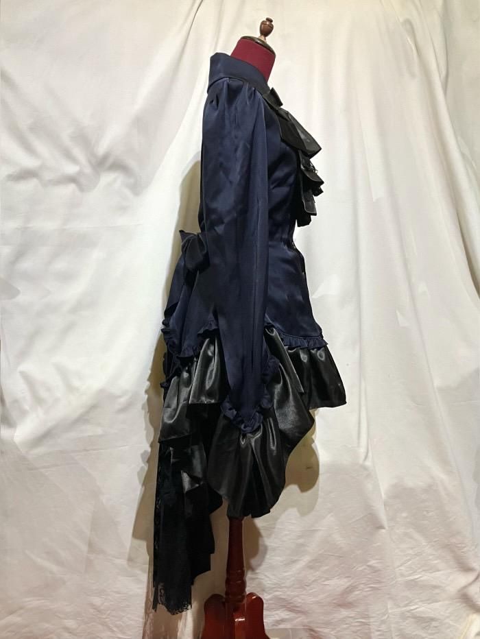 タイ付きドレープ飾りゴシックエレガンスブラウスワンピース：紺×黒