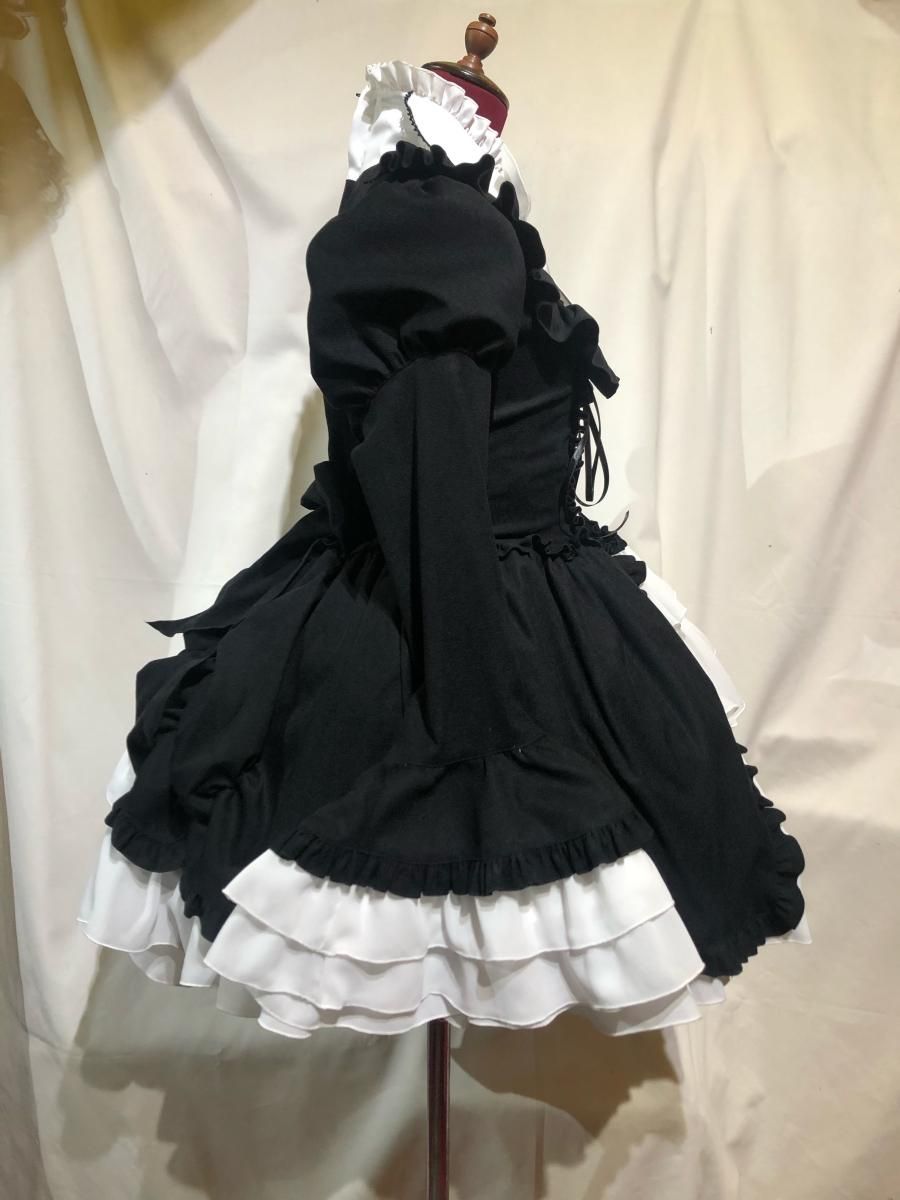 ◇受注商品◇アリス風編み上げドレスワンピース:黒×白フリル×白 ◇受注商品◇アリス風編み上げドレスワンピース:黒×白フリル×白